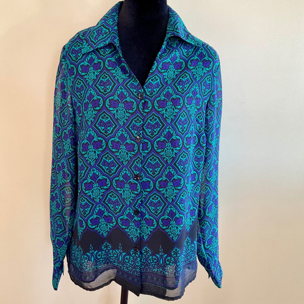JM Collection Womens Teal Purple Damask Print‎ Sheer Chiffon Button Up Blouse L